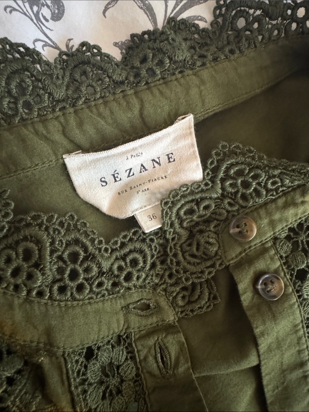 Sezane Olive Green Lace-Panel Button-Down Blouse - Picture 4 of 4